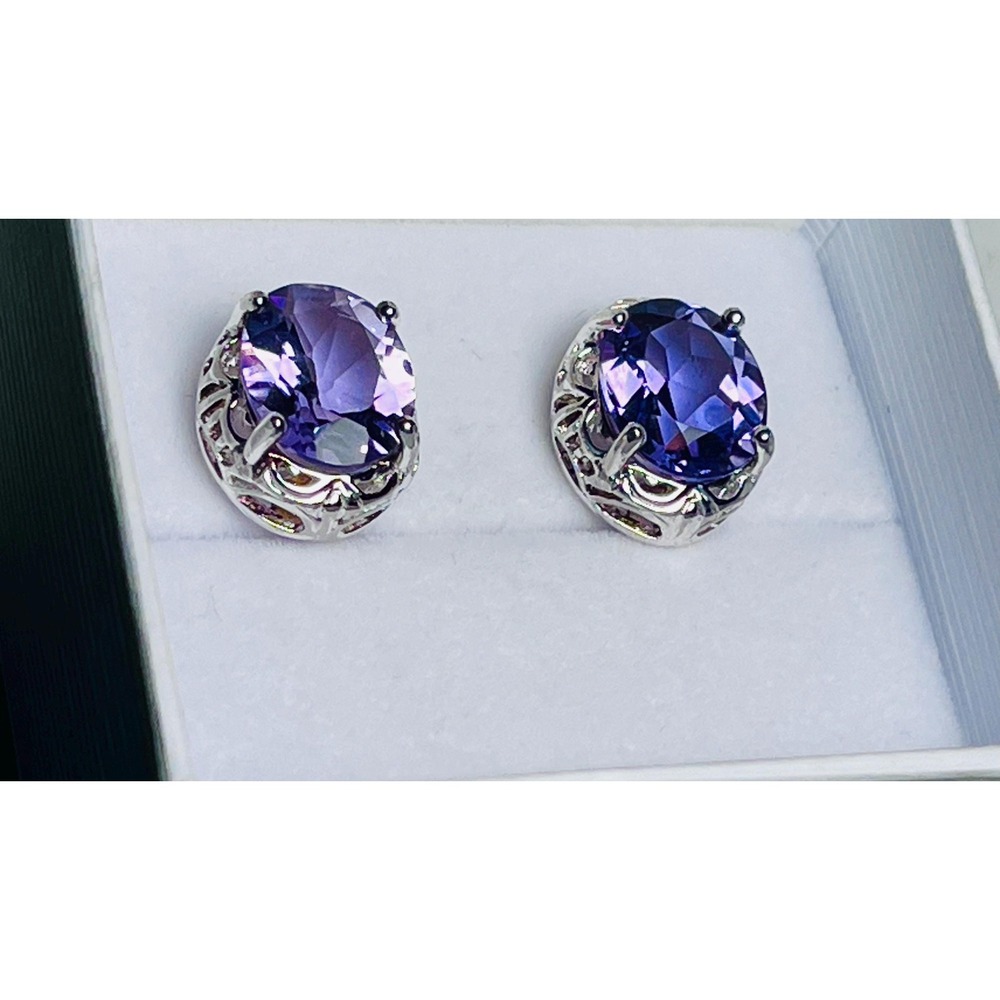 Vintage 925 Sterling Silver Large Amethyst Earrings Oval Faceted Purple Studs